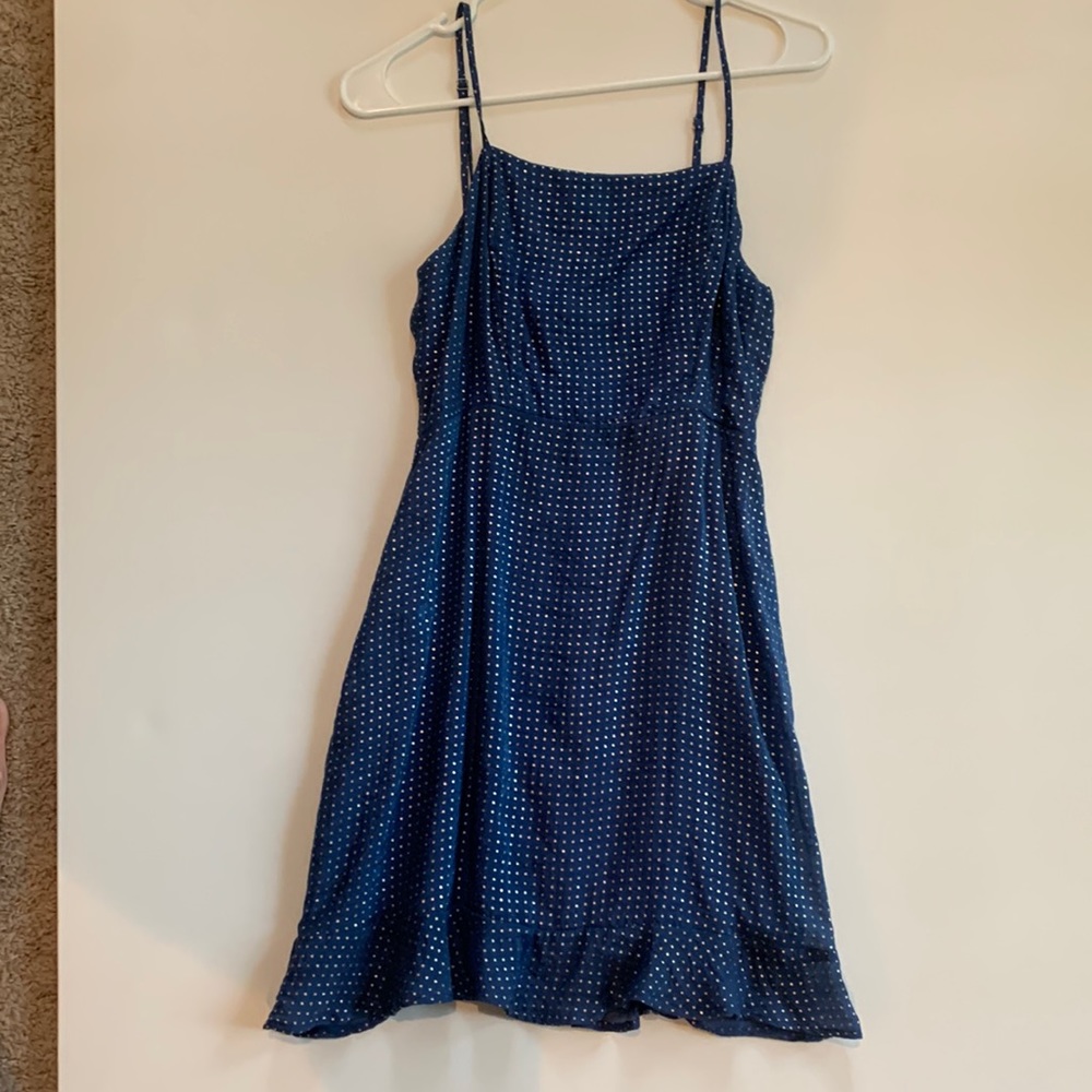 Womens cocktail dress. Navy with small gold stars. Adjustable straps.